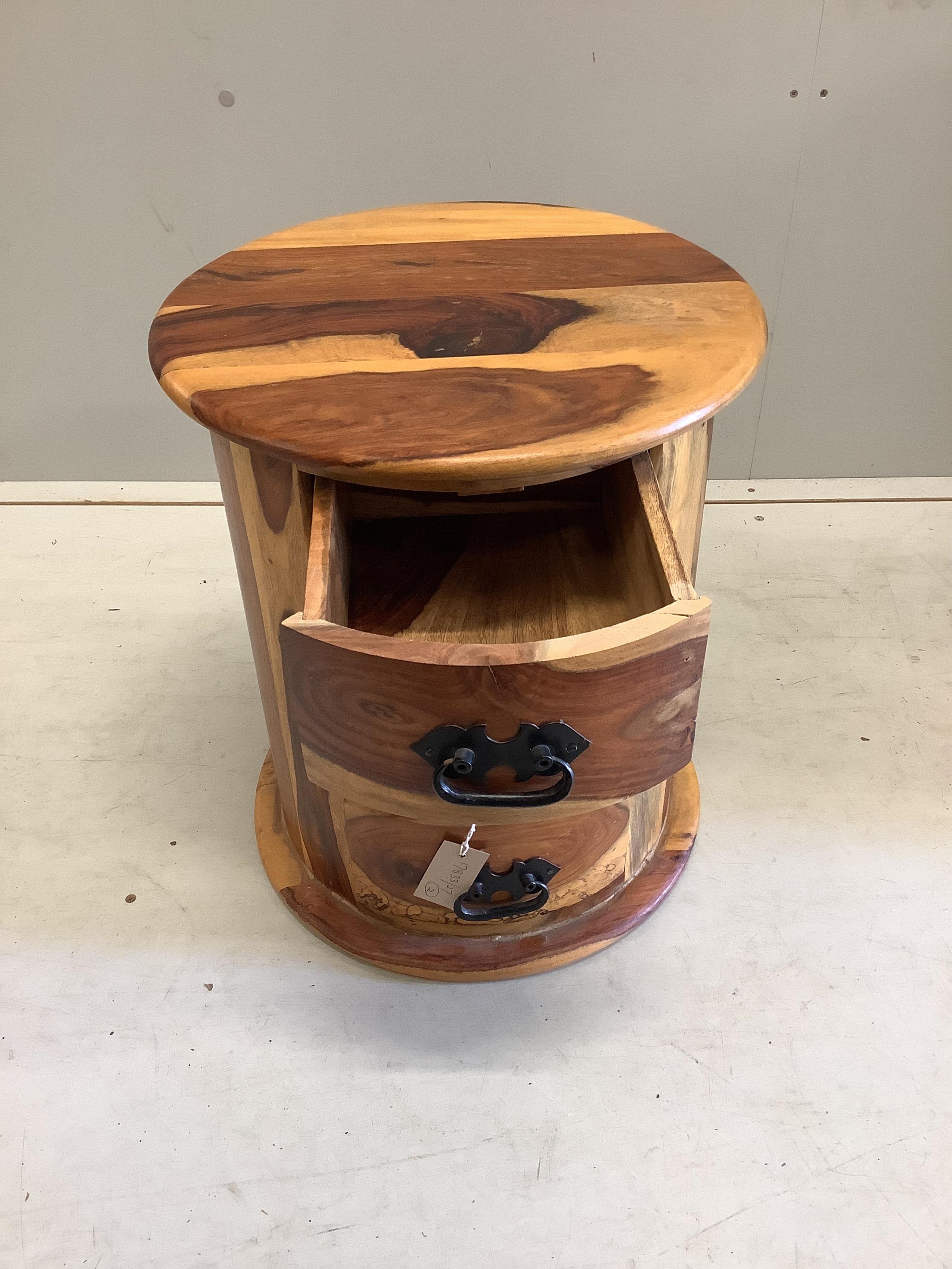 Two modern hardwood cylindrical chests of drawers, larger diameter 40cm, height 75cm